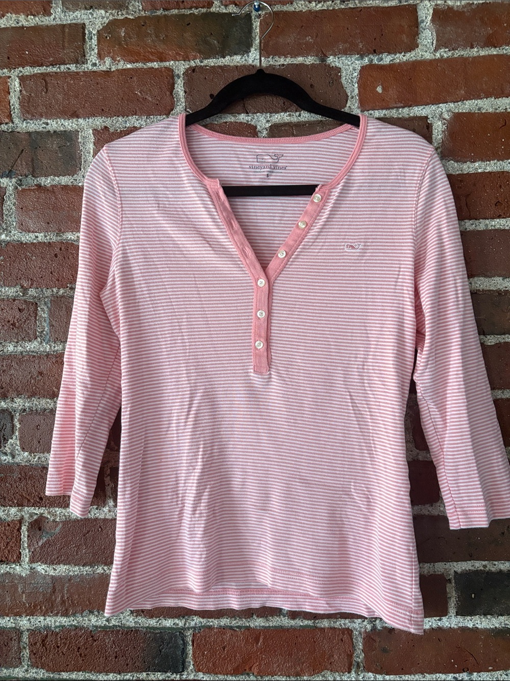 Vineyard Vines Light Pink and White Striped Henley Long Sleeve Top